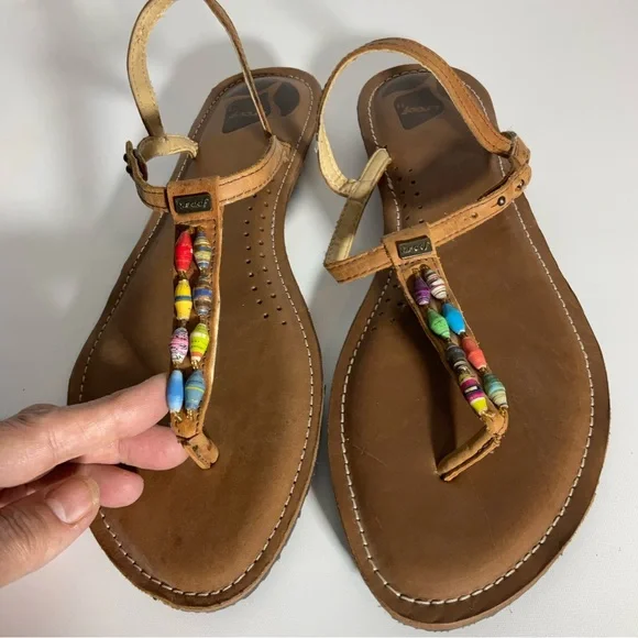 Reef Multi-Color Jewel Beads Between Toe Brown Ankle Strap Sandals Snap Closure. - Picture 9 of 16
